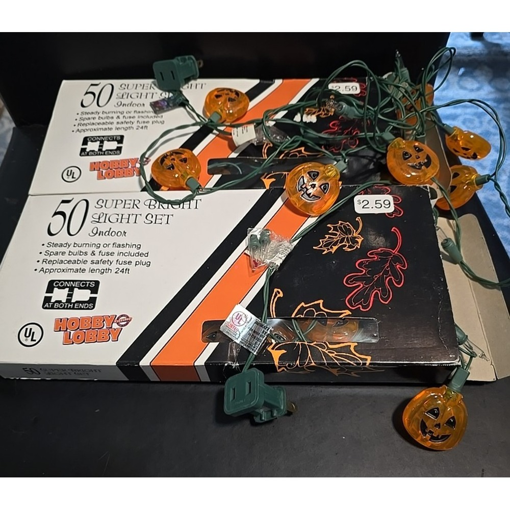 2 Sets Vtg Halloween Pumpkin Light 50 Lights Each Plastic Hobby Lobby Indoor